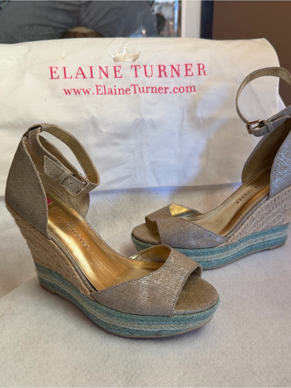 Elaine Turner Arial Metallic Taupe Linen Espadrille Wedge Sandals with Jute Wrap